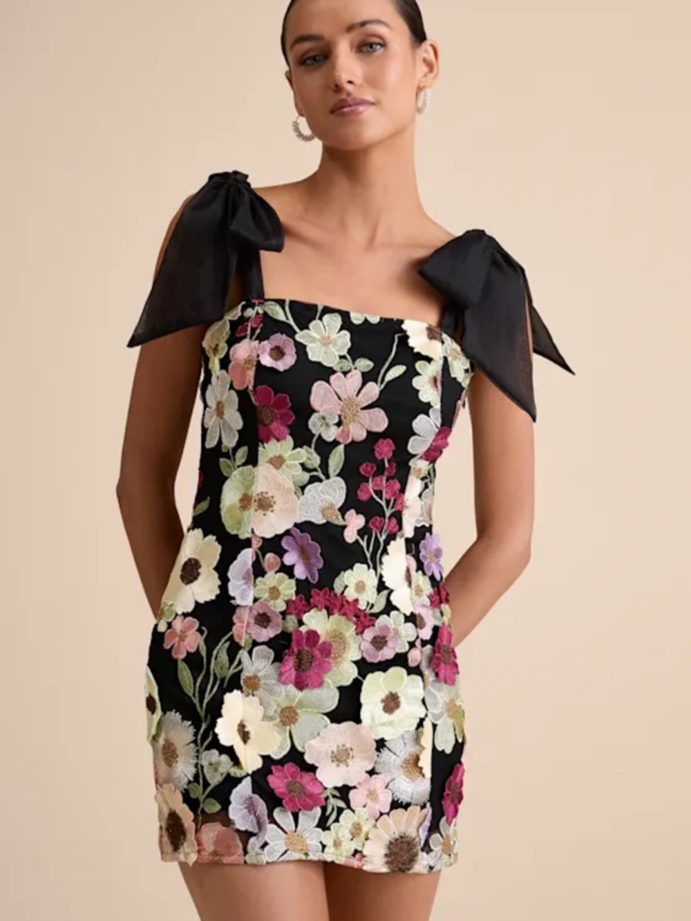 Lulu's Black Floral Tie-Shoulder Embroidered Mini Dress